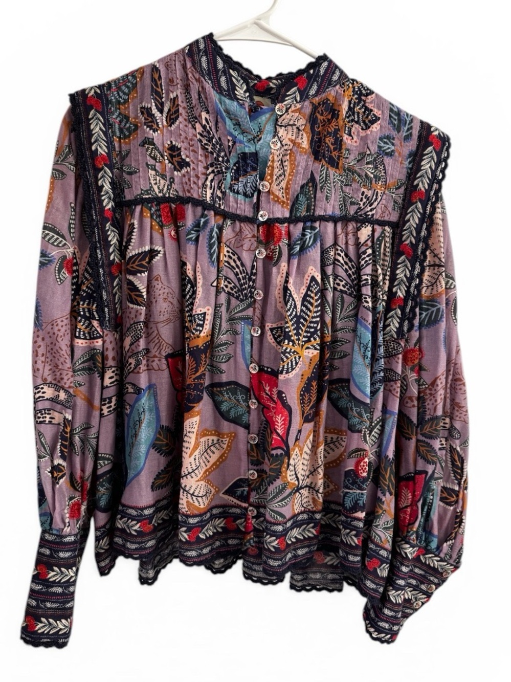 Farm Rio, Boho Floral Button-Front Women’s Blouse in Lavender Multi, size small